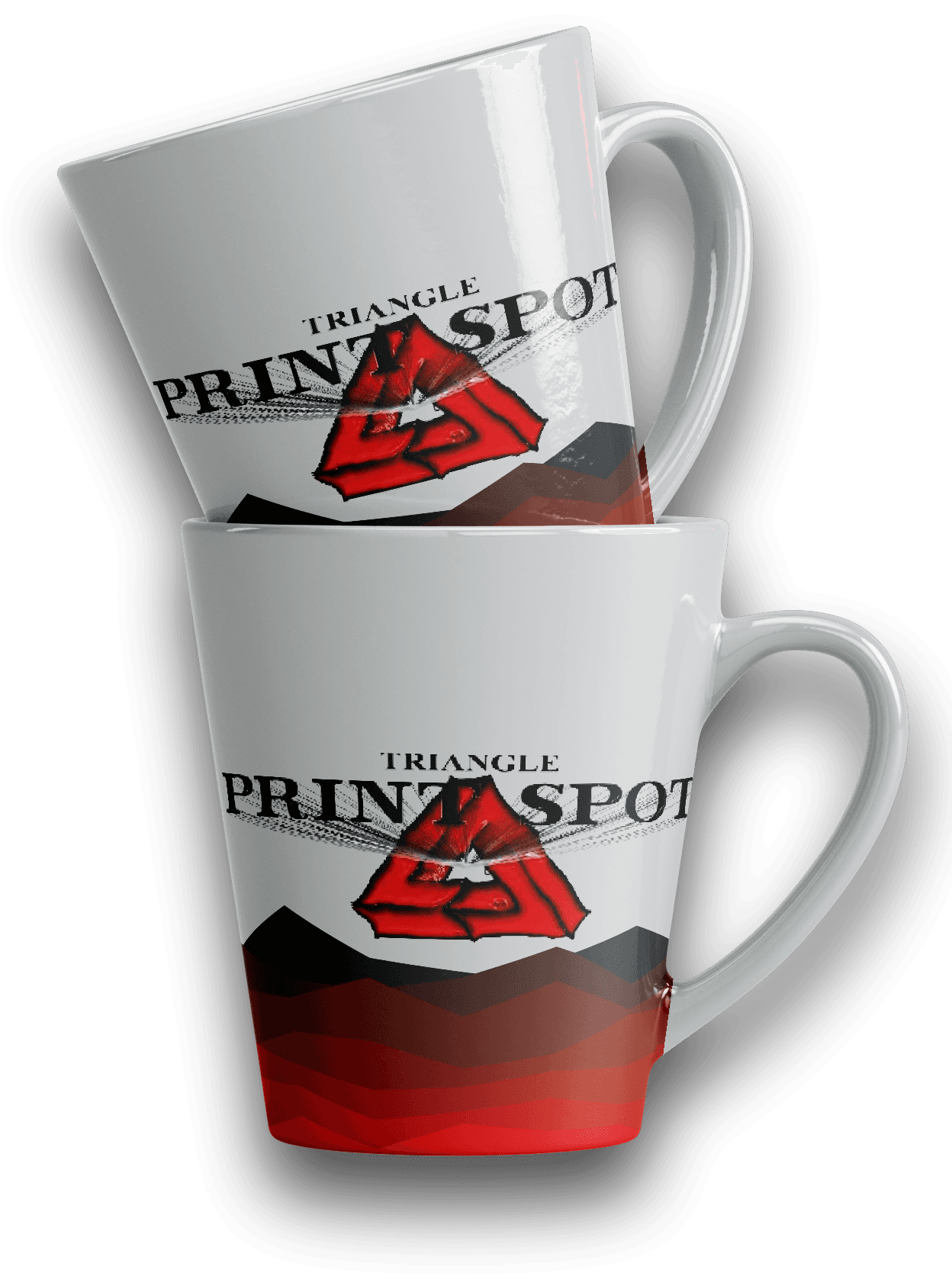Two white mugs stacked on each other. The mugs has the Triangle Print Spot logo on them and features a stacked series of triangles in a gradient ranging from red to black.